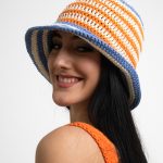 Striped knitted summer hat, white & lavender & orange
