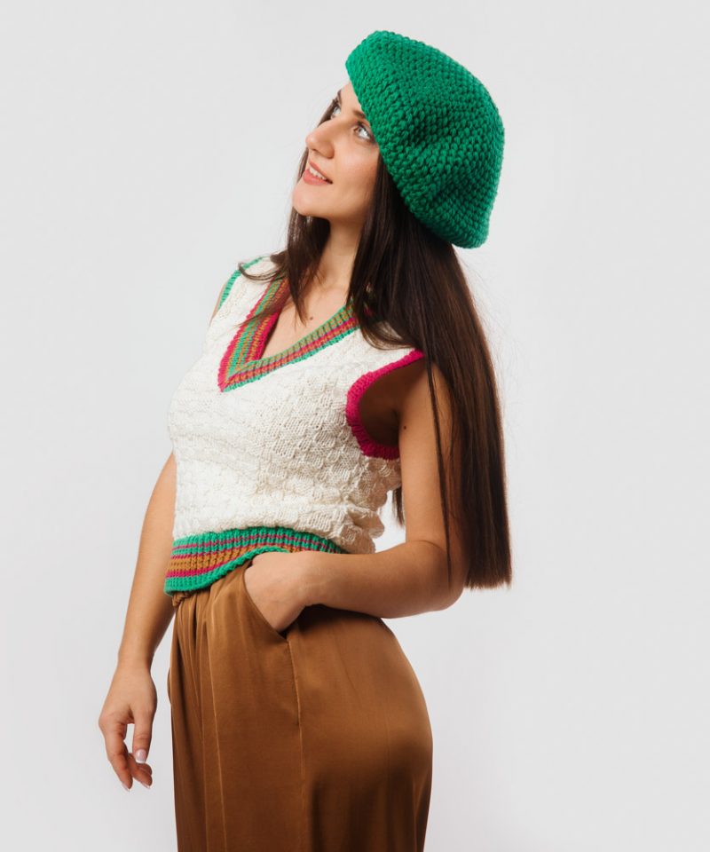 Crochet Cotton Beret, Green - Image 3