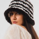 Eco Fur Striped Bucket Hat, Black & White
