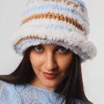 Crochet Bucket Hat, Eco wool & fur, White Blue Beige