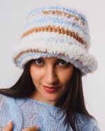 Crochet Bucket Hat, Eco wool & fur, White Blue Beige