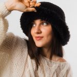 Crochet Black Bucket Hat, Eco wool & fur