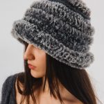 Crochet Bucket Hat, Eco wool & fur, Grey & Darc grey