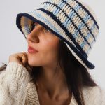 Bucket Hat with Squares and Stripes, Off white, Light blue & Dark blue
