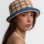 Bucket Hat with Squares and Stripes, Off white, Blue & Orange